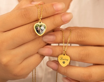 Personalized Photo Necklace - Engraved Mini Heart Pendant - Picture Necklace for Girls - Pet Lover Gift