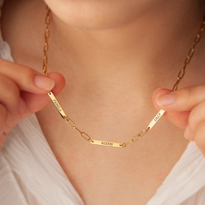 Mom Necklace with Kids Name - Gold Paperclip Chain Necklace - Personalized Paperclip Name Necklace Double Sides - New Mom Gift