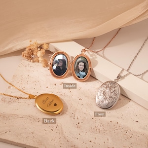 Vintage Oval Photo Necklace - Vintage Locket Necklace with Peach Blossom Pattern - Engraved Oval Necklace Wedding Gift - Gift for Her