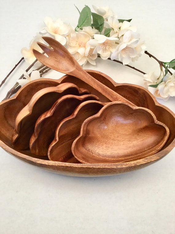 Carved Wooden Seashell Shaped Salad Bowl 6 Piece Set Handmade Etsy