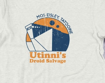 Vintage Sci Fi  t shirt, "Utinni's Droid Salvage", Tatooine Sand Crawler Graphic