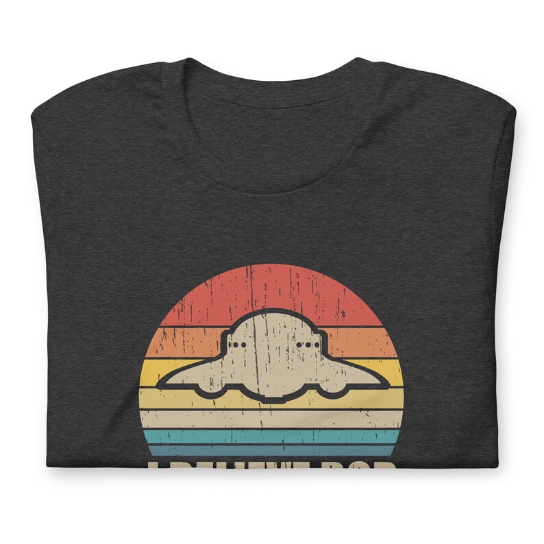 May include: A dark heather grey t-shirt with a vintage-style graphic of a UFO flying over a sunset. The text "I Believe We Do" is printed below the graphic.
