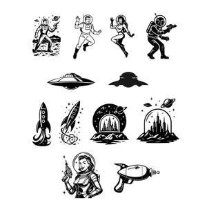 Paquete de vectores de ciencia ficción retro con imágenes prediseñadas de pistola de rayos atómicos SVG, vol. 1 – 12 gráficos espaciales vintage / SVG, PNG, EPS para Cricut, pegatinas, camisetas y más