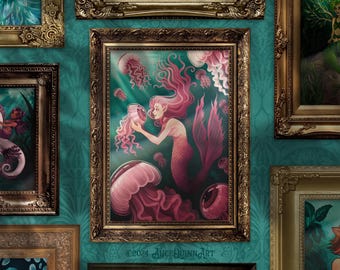 Mermaid and Jellyfish Art Print: &quot;The Sea of See&quot; Pink Ocean Fairytale