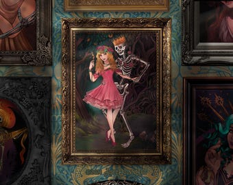 Memento Mori Art Print: &quot;The Maiden and Death&quot; Gothic Skeleton Artwork