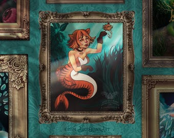 Unframed Catfish Mermaid Art Print - &quot;Catfishing&quot; - Orange Tiger Nekomusume Mermaid - Pun
