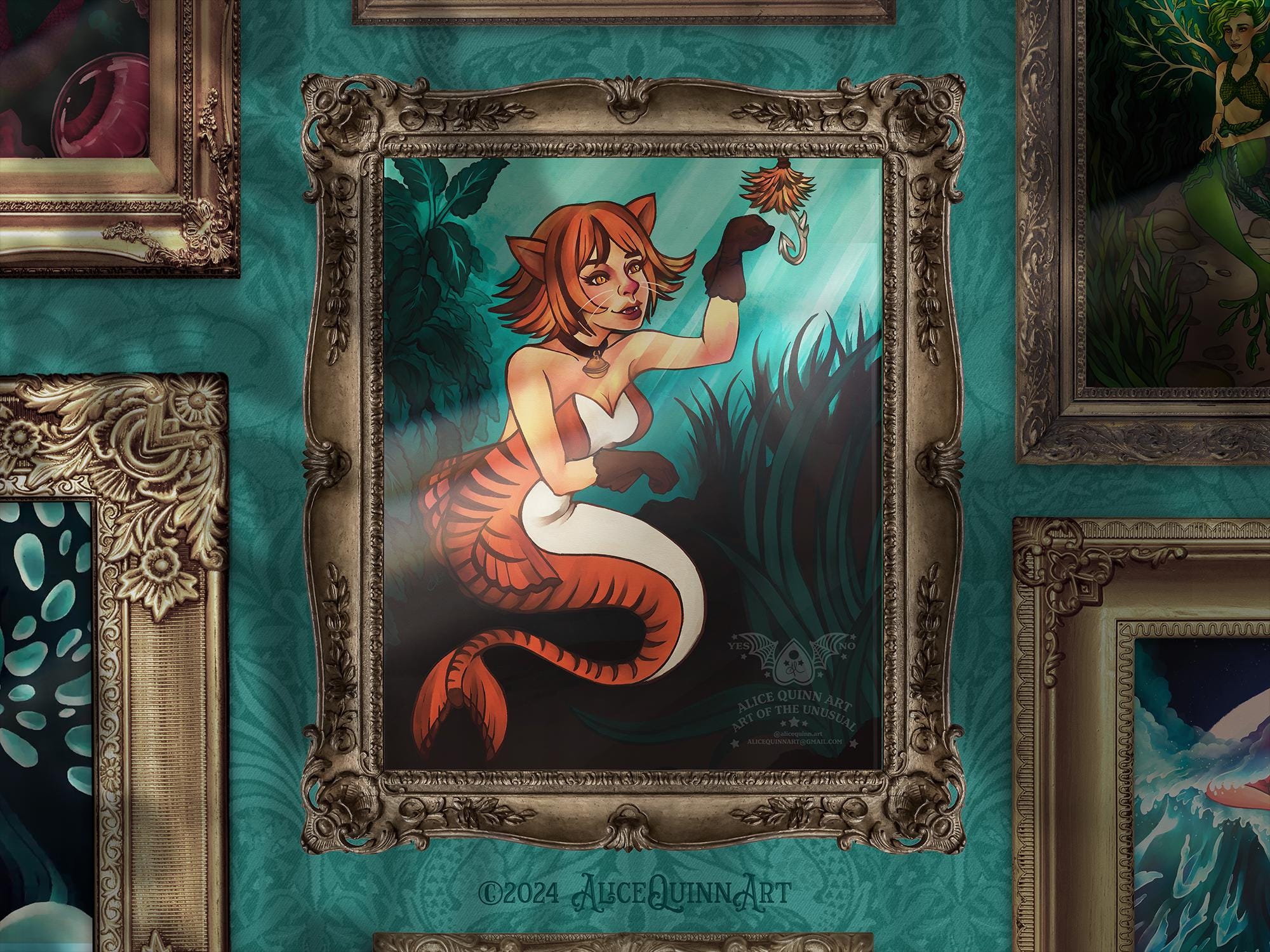 Unframed Catfish Mermaid Art Print - "Catfishing" - Orange Tiger Nekomusume Mermaid - Pun
