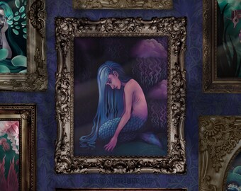 Unframed Depressed Mermaid Art Print - &quot;The Depths&quot; - Purple Blue Sadness Artwork