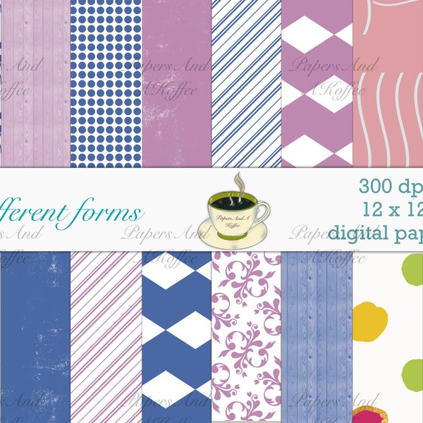 Different forms, scrapbookpapers, Dots, Lines, background papers, blue, pink, Clouds,sun