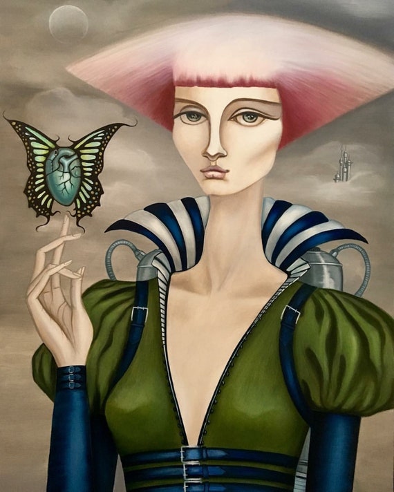 Art Print Surreal Clouds Butterfly Heart Pink Hair Lady Girl Etsy