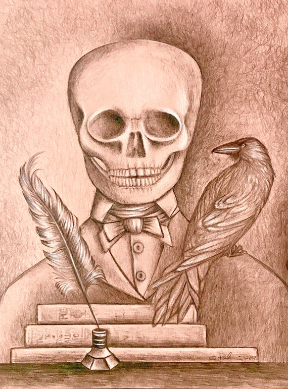 Original Graphite Drawing Edgar Allan Poe The Raven Halloween Etsy