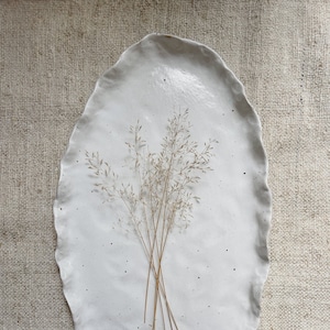 White Flecked Ceramic Platter Oval Serving Tray, Handmade