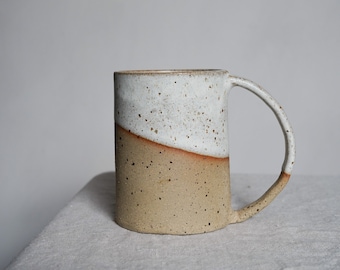 Tall Half Dipped Glaze Ceramic Mug White and Flecked Stoneware. Two-tone. Height 11cm