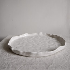 Round White Flecked Ceramic Serving Platter, Handmade