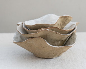 Handmade Ceramic Petal Bowl with White Flecked Glaze