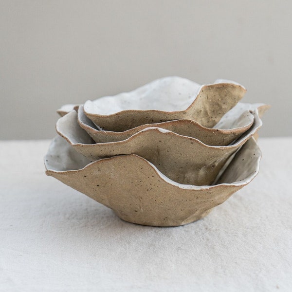 Handmade Ceramic Petal Bowl with White Flecked Glaze