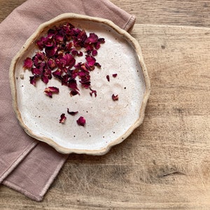 Handmade ceramic ingredients dish for herbs and spices. Flecked clay with white glaze and wobbly edges. Approx 13cm.