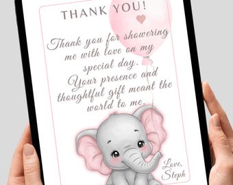 Pink Elephant Baby Shower Thank You Card, Personalized (Digital Download 5x7in)