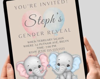 Elephant Gender Reveal Invitation, Pink or Blue Baby Reveal Invite, Personalized Gender Reveal Invitation, Printable 5x7
