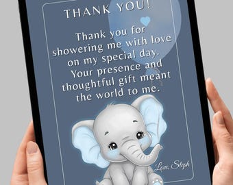 Bedankkaart babyshower olifant, blauw, 5 x 7 (digitale download, pdf en JPG)