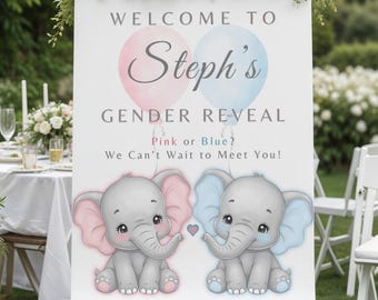 Elephant Gender Reveal Welcome Sign, Pink & Blue Balloons (Digital Download 18x24 Personalized)