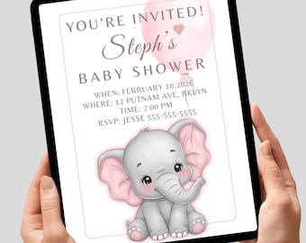 Pink Elephant Baby Shower Invitation, Personalized Girl Invite (Digital Download 5x7)