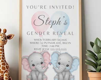 Elephant Gender Reveal Bundle, Welcome Sign Invitation Thank You Card, Pink or Blue Baby Reveal Decor, Printable Set