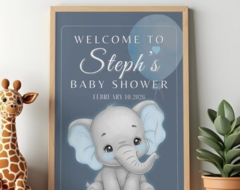 Elephant Baby Shower Decor Party Bundle, Blue, Invitation, Thank You Card, Poster Sign (Digital Download)