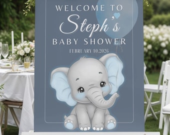 Gepersonaliseerd welkomstbord babyshower olifant, blauw decor (digitaal 18 x 24, pdf of JPG)