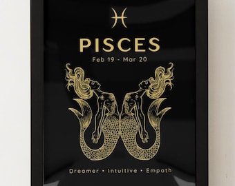Pisces Zodiac Wall Art Printable | Gold Astrology Poster | Constellation Artwork | Modern Home Decor | Gifts for Pisces | Feb 19 – Mar 20