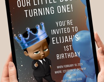 Boss Baby 1st Birthday Invitation | Blue Crown Theme (Digital 5x7 Printable Files)