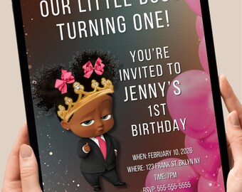 Boss Baby Girl 1st Birthday Invitation | Pink & Gold (Digital 5x7 Printable Files)