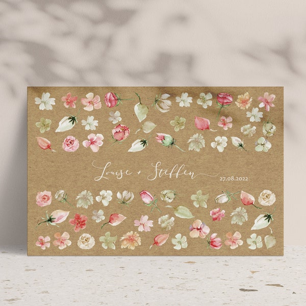 Hochzeitseinladung "Louise", Kraftpapier, Blüten, Rosen, Blumen, Blätter, Kraft-Look, Faltkarte, Sommerhochzeit, floral, Garten, Einladung