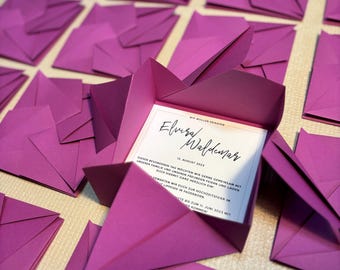 Simple wedding invitation with origami envelope, purple, plum, square invitation card with folded envelope, classic, elegant