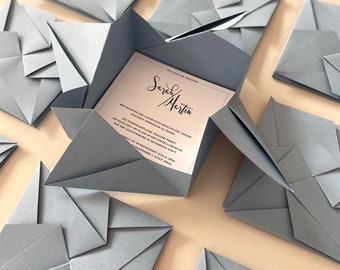 Simple wedding invitation origami envelope, steel blue, square invitation card with folded envelope, classic, elegant, invitation