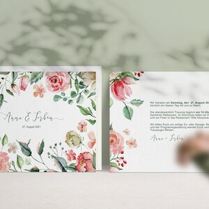 May include: A wedding invitation with a floral design featuring pink and white flowers. The text on the invitation reads "Anna & Sorben 27 August 2021".