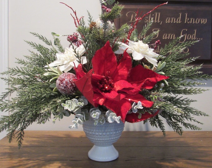 Featured listing image: Christmas Poinsettia Centerpiece: Elegant Silk Floral Arrangement in Milk Glass