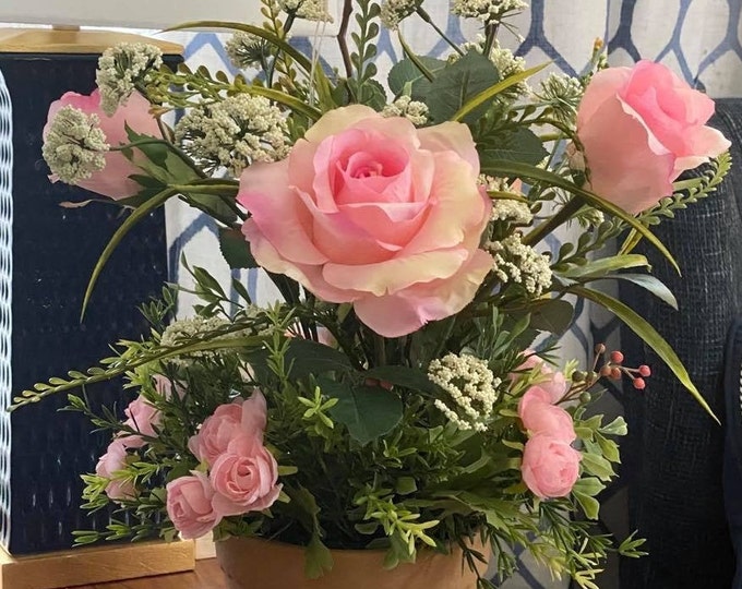 Featured listing image: Pink Love Rose with Baby's Breath Arrangement in Designer Clay Pot