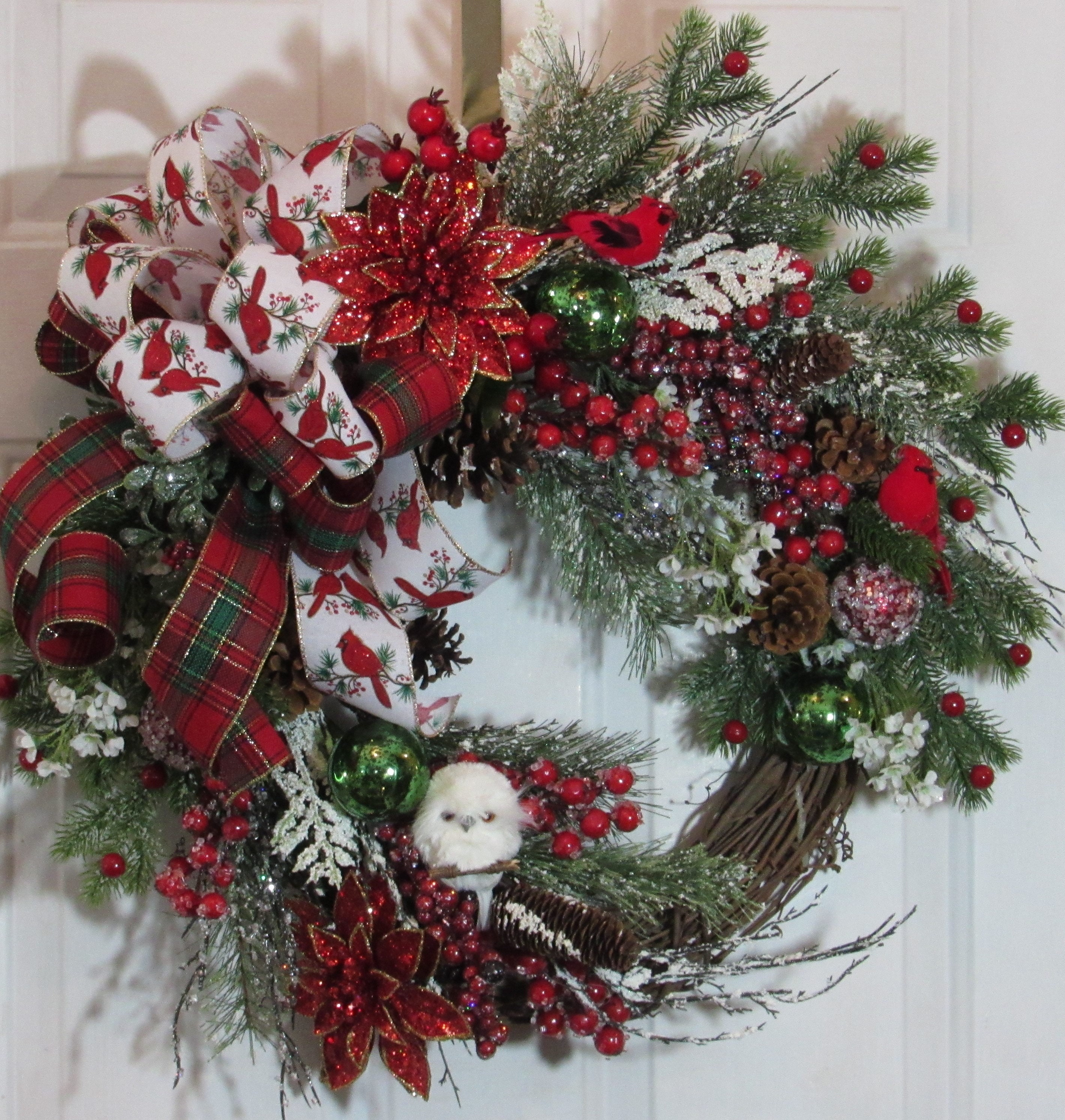 Designer Christmas Wreath with Snow Owl and Hand tied premium Cardinal ...