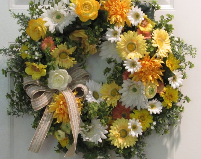 Featured listing image: Designer "Sunshine Garden" Silk Floral Wreath of Daisies Dahlias and Roses with Hand tied Bow accent