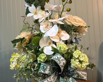 Orchid Rose Hydrangea Centerpiece Arrangement, Yellow Ceramic Flower Butterfly Container