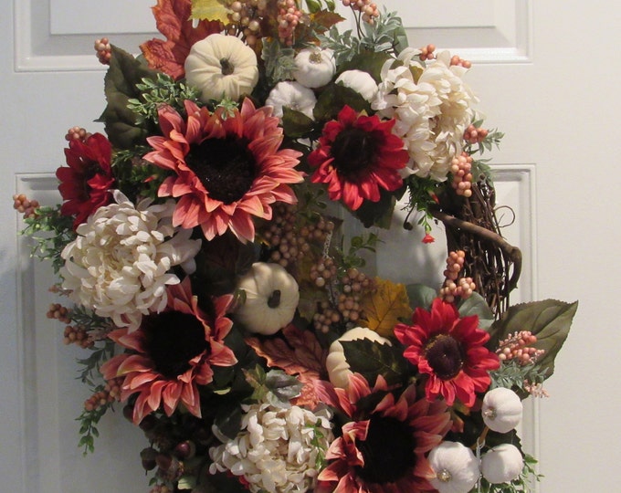 Featured listing image: Fall Sunflower Wreath: Silk Hydrangeas, Berries & Gourds