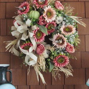 Fall Sunrise Designer Silk Floral Wreath with Pink and Mauve Sunflowers, pumpkins and corn husks.