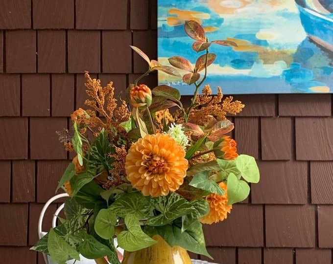 Featured listing image: Autumn Gold Floral Arrangement in Imported Italian Ceramic Pitcher
