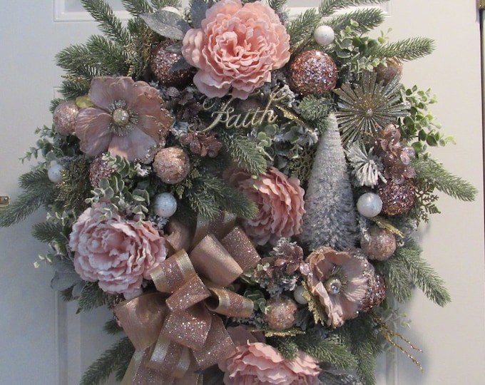 Featured listing image: Victorian Pink and Gold Glittery Christmas Wreath: Winter Wedding Decor