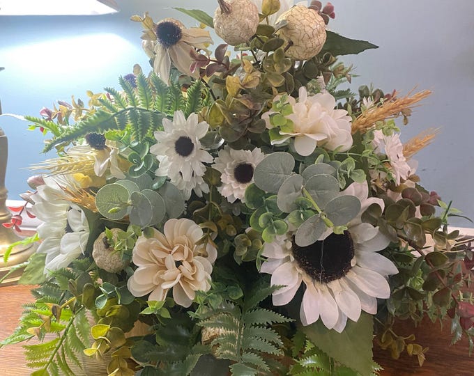 Featured listing image: Dining Room Daisy, Fern, Eucalyptus Centerpiece or table decor set in round wooden tray