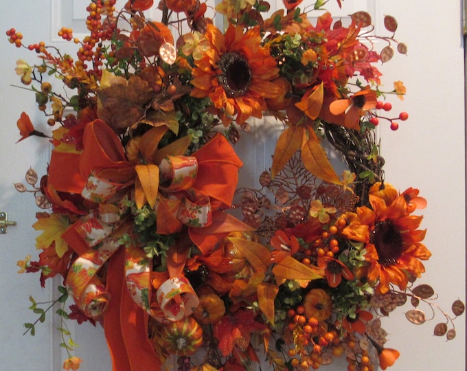 Featured listing image: Autumn Sunset Sunflower Wreath: Orange Bronze Fall Decor, 26x30 Inch