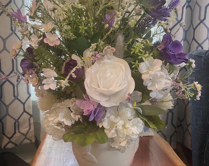 Featured listing image: White & Lavender Garden Flower Bouquet in Ceramic Vase: Elegant Centerpiece