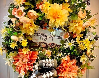 Happy Spring Designer Blumenkranz mit silbergrauer Argyle handgebundener Schleife