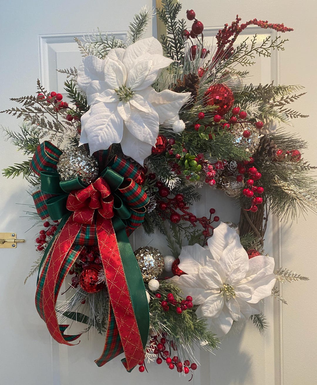 Evergreen and Berries White Poinsettia Wreath With Majestic Hand Tied ...